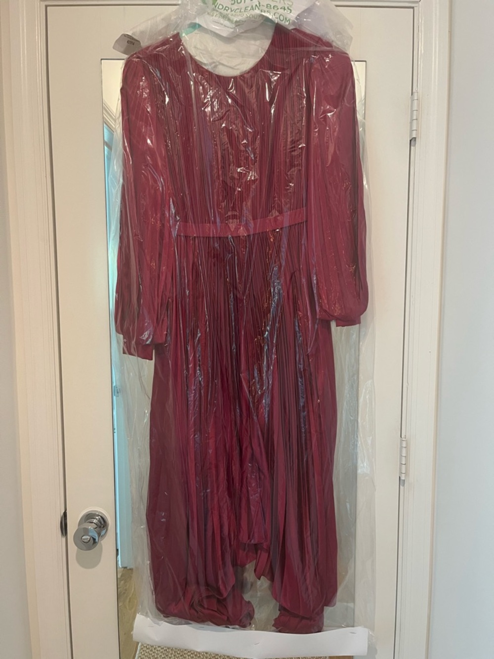 Mac Duggal Fuchsia Pleated Long-Sleeve Handkerchief Hem Dress - Picture 4 of 4